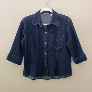 Women's Denim Button Up Pearl Snap Western 90s 3/4 Sleeve 90s Dark Blue Boho